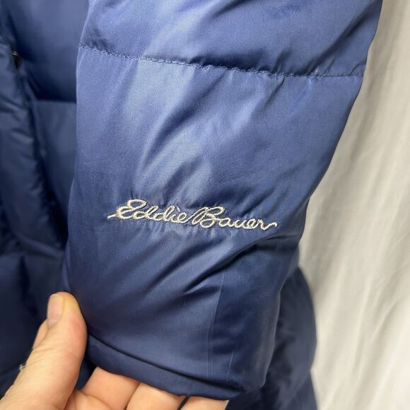 Eddie Bauer Long Jacket Womens PM Blue Down Puffer Parka Coat Faux Fur Hood - Picture 3 of 11